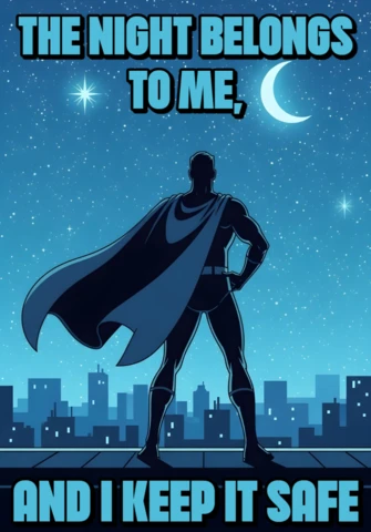 Plantilla de diseño de póster de superhéroe silueta de guardián nocturno en la azotea con cielo estrellado