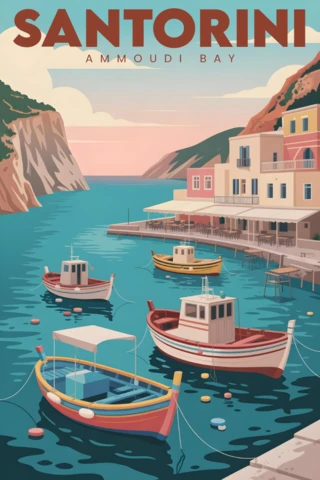 Bahía Ammoudi con barcos coloridos y arquitectura en los acantilados, plantilla de diseño de carteles de viaje de Santorini.