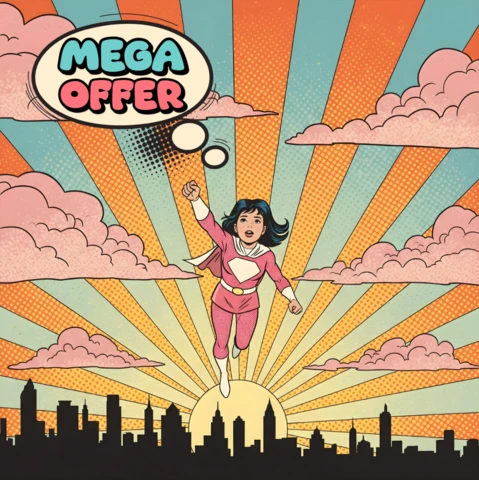 Art de bande dessinée héroïque de vol au lever du soleil avec une offre méga, cape rose et modèle de design de skyline de ville pour des flyers promotionnels