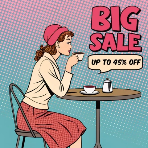 Template de cartaz de venda de pop art com mulher retrô bebendo café