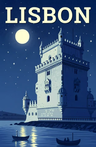 Lisbon Castle Night Scene Design Template for Travel Posters