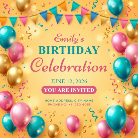 Pôster de festa de aniversário feliz com fundo amarelo dourado, balões, confete e tema de celebração festiva.