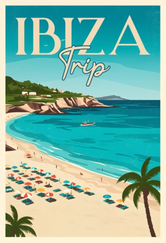 Vintage Ibiza Beach Illustration for Spanish Travel Posters and Merch Template