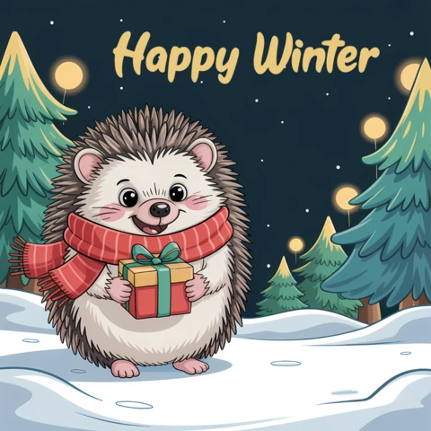 Plantilla de diseño de erizo invernal en la nieve para tarjetas de felicitación