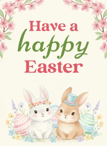 Happy Easter Greeting Card with Cute Bunnies, Decorated Eggs, Spring Flowers & Cherry Blossoms