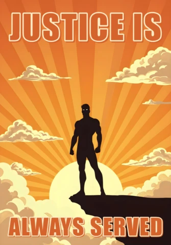 Justice Is Always Served Hero Silhouette On Cliff with Radiant Sun Poster Design Template