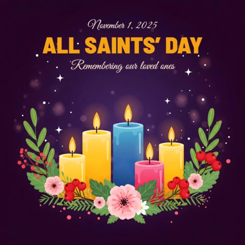 Pôster de serenidade santificada do dia de todos os santos com flores, velas e design de cartão de saudação com brilho celestial.