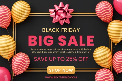 Black Friday Sale Design Template with Colorful Balloons and Gift Bow for Promotional Flyers