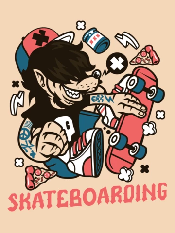 Plantilla de diseño de camiseta de personaje de dibujos animados de lobo en skate