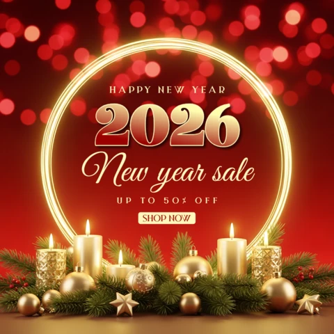 Diseño de plantilla de venta de año nuevo elegante con velas y adornos para promociones navideñas.