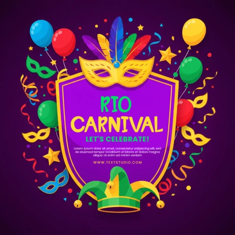 Rio Carnival Celebration Poster Colorful Feathered Mask, Jester Hat & Confetti On Purple Shield Background