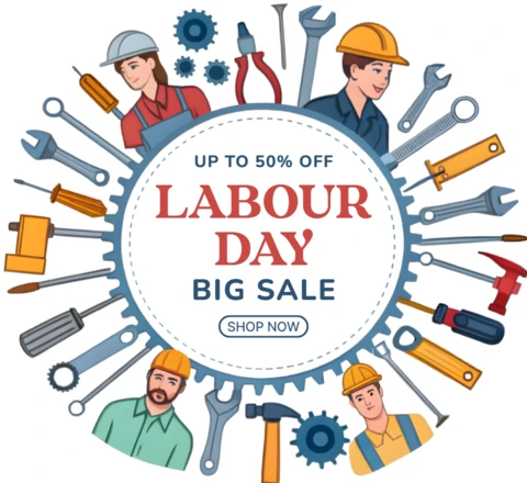 Modelo promocional de venda do dia do trabalho - design editável com ilustração de ferramentas e trabalhadores