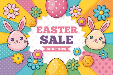 Colorida plantilla de diseño de venta de Pascua con simpáticos personajes y elementos florales
