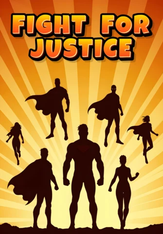 Combatti per la giustizia silhouette della lega dei supereroi con design del poster a esplosione radiante