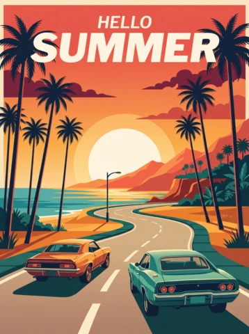 Colorful Summer Road Trip Poster Featuring Classic Cars, Palm Trees, Coastal Road, Ocean Waves, Sunset Horizon and Cheerful Vacation Vibes