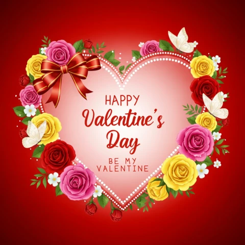 Tarjeta de saludo de San Valentín con un mensaje festivo de amor, flores, mariposas y destellos de corazón.