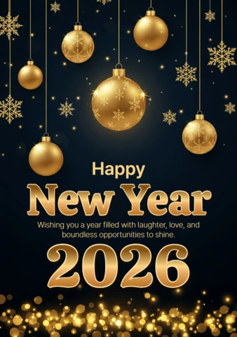 Happy New Year 2026 Card Dark Blue Background with Golden Ornaments and Snowflake Accents