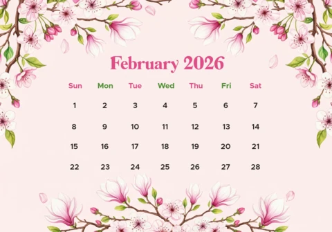 Romantic February 2026 Calendar Poster Pink Background with Blossoms & Leafy Borders