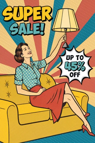 Template de design de venda de pop art apresentando mulher retrô com lâmpada para folhetos promocionais.