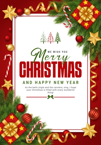 Christmas Greeting Card with Red Background, Pine Branches, Candy Canes, Ornaments, and Wrapped Gifts