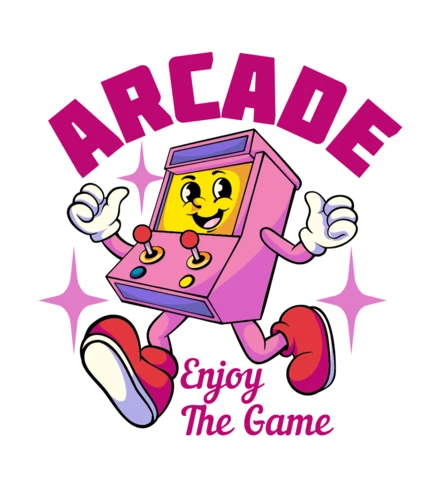 Genieße das Spiel mit einem verspielten Arcade-Maschinencharakter, der nostalgischen Spaß bringt, T-Shirt-Design-Vorlage.
