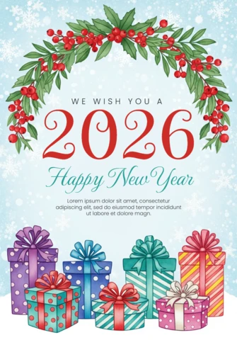 Conception festive 2026 avec couronne botanique, cadeaux emballés et message de célébration modèle de vœux de nouvel an