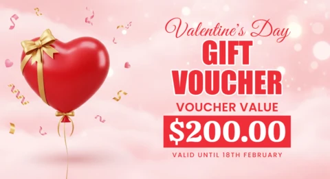 Valentine’s Day Gift Voucher Design Template with Romantic Heart Balloon and Festive Background