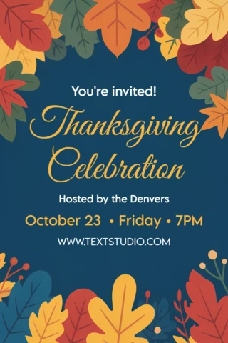 Thanksgiving Celebration Invitation Template with Autumn Leaves Design