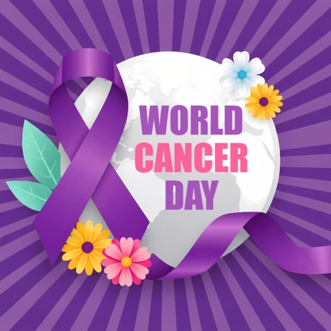 World Cancer Day Awareness Template with Purple Ribbon Floral Design for Posters