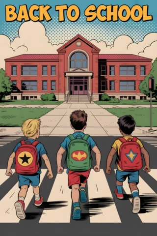 Volta às aulas, estudantes atravessando a rua em direção à escola de tijolos vermelhos com design de cartaz de mochilas heroicas.