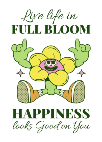 Whimsical floral design template: '満開の人生を楽しむ' 幸せのテーマ