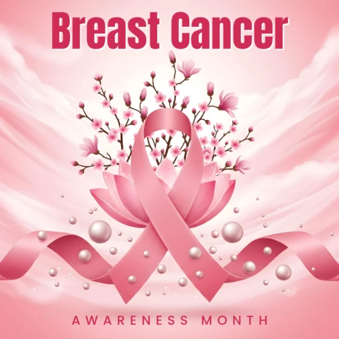 October Breast Cancer Awareness Pink Ribbon Surrounded By Blooming Flowers Banner Design Template