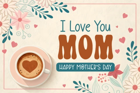 Floral Mother's Day Card Design Template – I Love You Mom with Coffee and Hearts