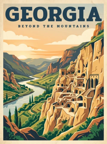 Gürcistan retro vintage doğa posteri manzaralı dağ vadisi nehir kayalıklar tarihi yapılar macera seyahat manzara duvar illüstrasyonu