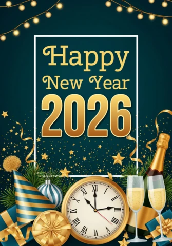 New Year 2026 Card Festive Layout with Champagne Toast, Countdown Clock, and Gift Boxes