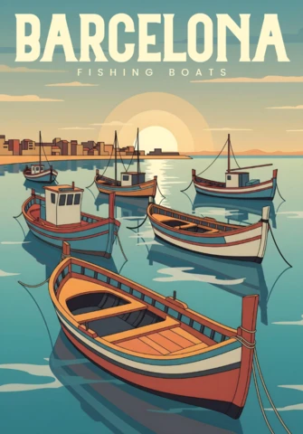 Barcelona Fishing Boats Sunset Reflections & Coastal Heritage Travel Posters Design Template