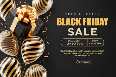 Elegant Black Friday Sale Template with Gift Box and Balloons Design for Promotional Flyers