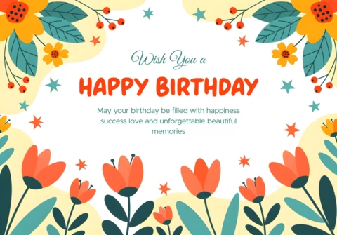 Modèle de carte d'anniversaire florale avec des fleurs vibrantes et des couleurs joyeuses