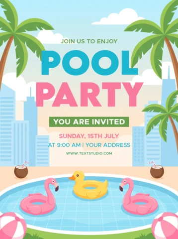 Colorful Summer Pool Party Invitation Flyer with Pink Flamingo Floats and Yellow Rubber Duck in a Sunny Urban Setting with Palm Trees