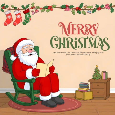 Merry Christmas Poster Santa Claus Reading Book in Cozy Room with Stockings, Garland, and Miniature Tree Design Template