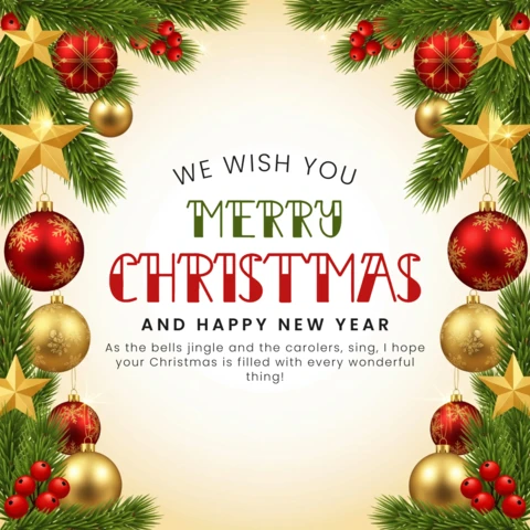 Christmas Greeting Card with Cream Background, Red & Gold Ornaments, Pine Branches, and Snowflakes