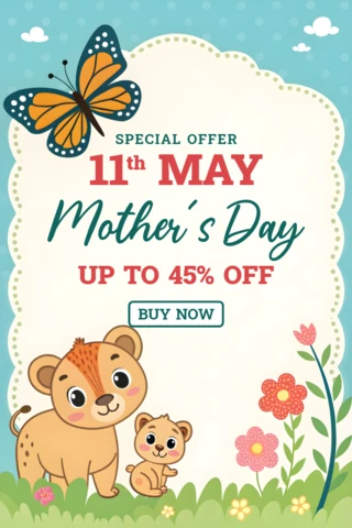 Whimsical Mother's Day Design Template with Cute Animals and Floral Elements