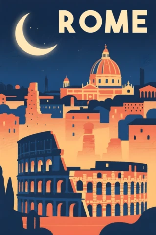 Retro ontwerpsjabloon van de skyline van Rome voor reisposters