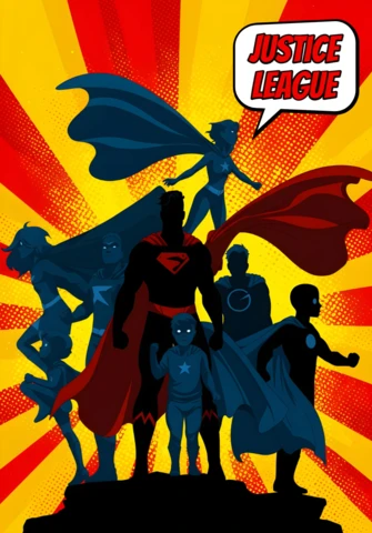 Silhouettes de l'équipe de super-héros de la Ligue des Justiciers avec un design de poster en arrière-plan de style bande dessinée.