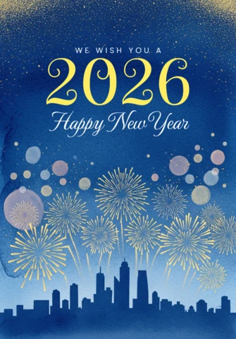 Miasto z sylwetką w tle, złote fajerwerki i nocne niebo, kartka z okazji Nowego Roku 2026 w akwareli.