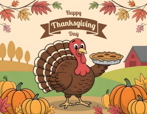 Happy Thanksgiving Day Cartoon Turkey with Pie, Pumpkins & Red Barn Autumn Scene Banner Design Template
