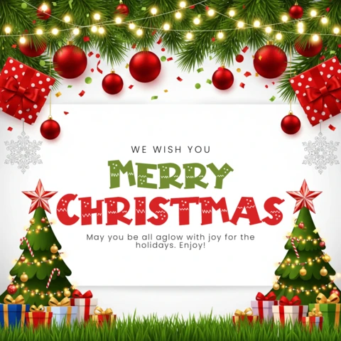 Holiday Season Card Festive Garland and Decorated Trees Framing Merry Christmas and Happiness Message Design Template