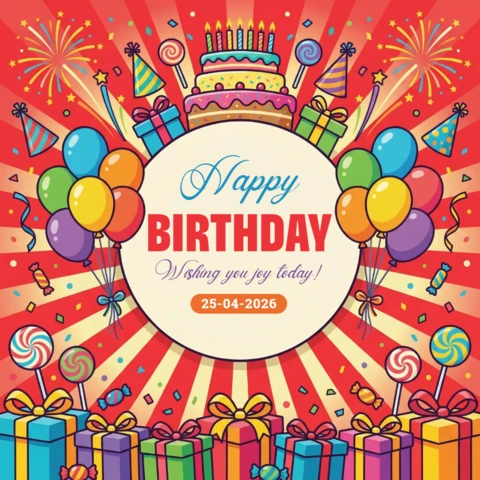 Cartaz de feliz aniversário 2026 fundo vermelho com explosão, balões, presentes, doces, fogos de artifício e celebração de bolo de aniversário.