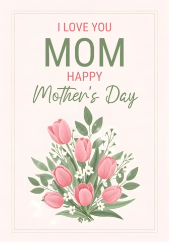 Mother’s Day Greeting Card Poster - Happy Mother’s Day Greeting Surrounded By Tulips, Blossoms, and Decorative Pastel Frame