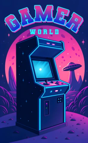 Retro-Arcade-Spieler im dystopischen futuristischen Design für T-Shirt-Vorlagen